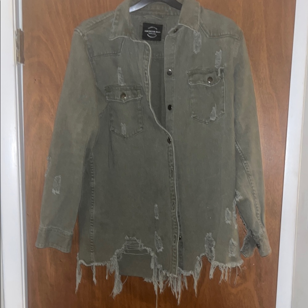 American Bazi Green Jean Jacket Distressed